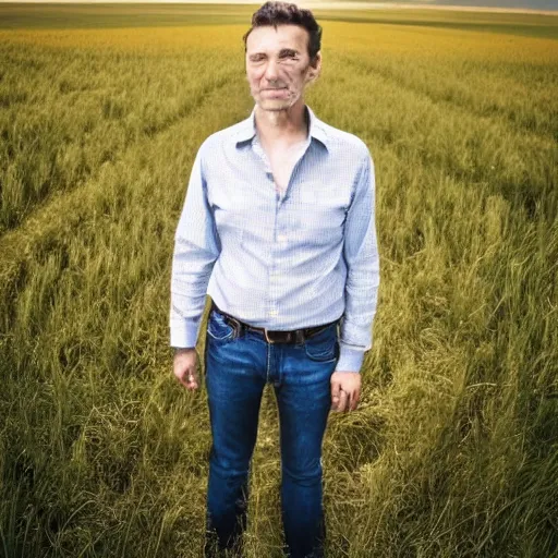 Image similar to a man standing in a field, photo real