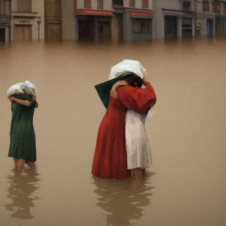 Image similar to two women hugging with a paper bag over the head dressed in plastic bags on flooded streets, highly detailed, artstation, art by, , edward hopper, Zdzislaw Beksinski, highly detailed