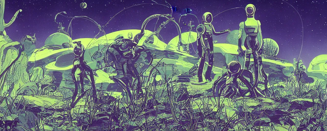 Prompt: a portrait of pilot aliens in spacesuit on field forrest spaceship station landing laying lake artillery outer worlds in FANTASTIC PLANET La planète sauvage animation by René Laloux