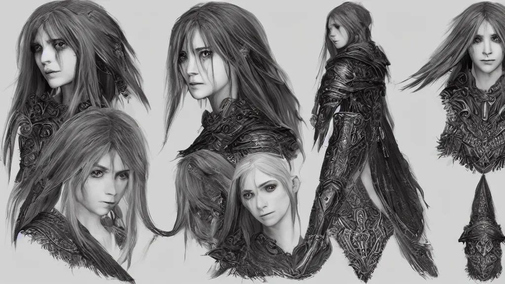 Image similar to concept art sheet, photorealistic symmetrical beautiful young female priestess with shiny hair wearing full intricate clothing, intricate, cg society, Elden Ring, darksouls, bloodborne