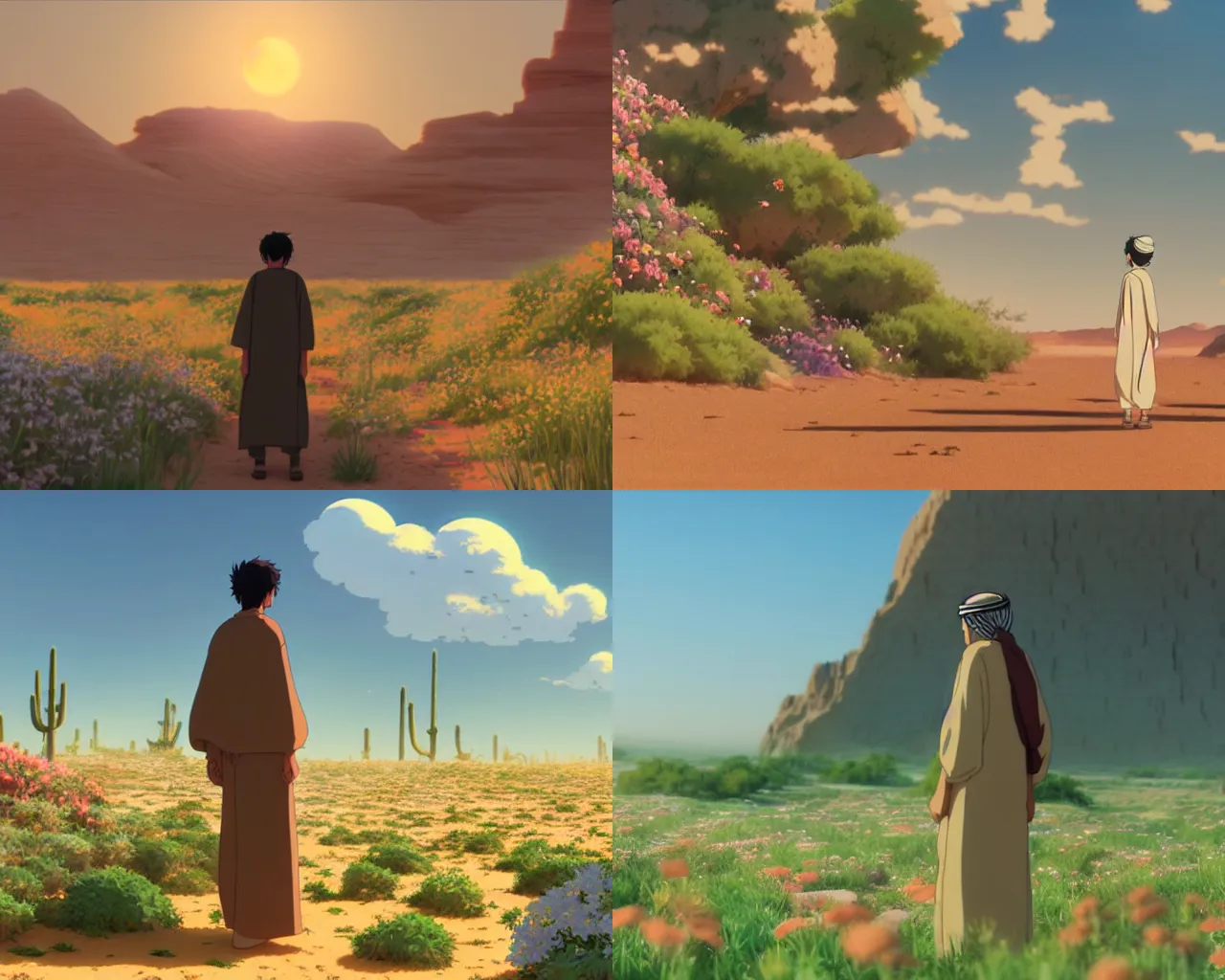 Image similar to an arabic man in the desert with wildflowers, makoto shinkai, loish, studio ghibli, tooth wu