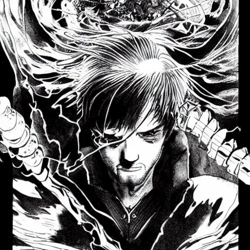 Image similar to pen and ink!!!! attractive 22 year old Gantz monochrome!!!! Frank Zappa x Daniel Radcliff highly detailed manga Vagabond!!!! telepathic floating magic swordsman!!!! glides through a beautiful!!!!!!! battlefield magic the gathering dramatic esoteric!!!!!! pen and ink!!!!! illustrated in high detail!!!!!!!! graphic novel!!!!!!!!! by Juan Francisco Casas and Hiroya Oku!!!!!!!!! MTG!!! award winning!!!! full closeup portrait!!!!! action manga panel