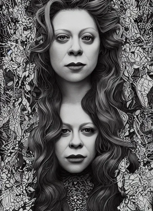 Image similar to closeup portrait of natasha lyonne, an ultrafine detailed illustration by james jean, intricate linework, bright colors, final fantasy, behance contest winner, vanitas, angular, altermodern, unreal engine 5 highly rendered, global illumination, radiant light, detailed and intricate environment