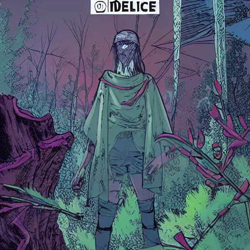 Image similar to ligne claire art of a druid in postapocalyptic city intertwined with nature in the open space, by moebius, bright colors, eisner award - winning spread