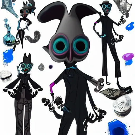 Image similar to character design sheets for a fashionable nonbinary androgynous gothic manta ray humanoid person with manta ray arms who sells empty spray paint cans as a scam and is always covered in paint and acting shady, designed by splatoon nintendo, inspired by tim shafer psychonauts 2 by double fine, cgi, professional design, gaming