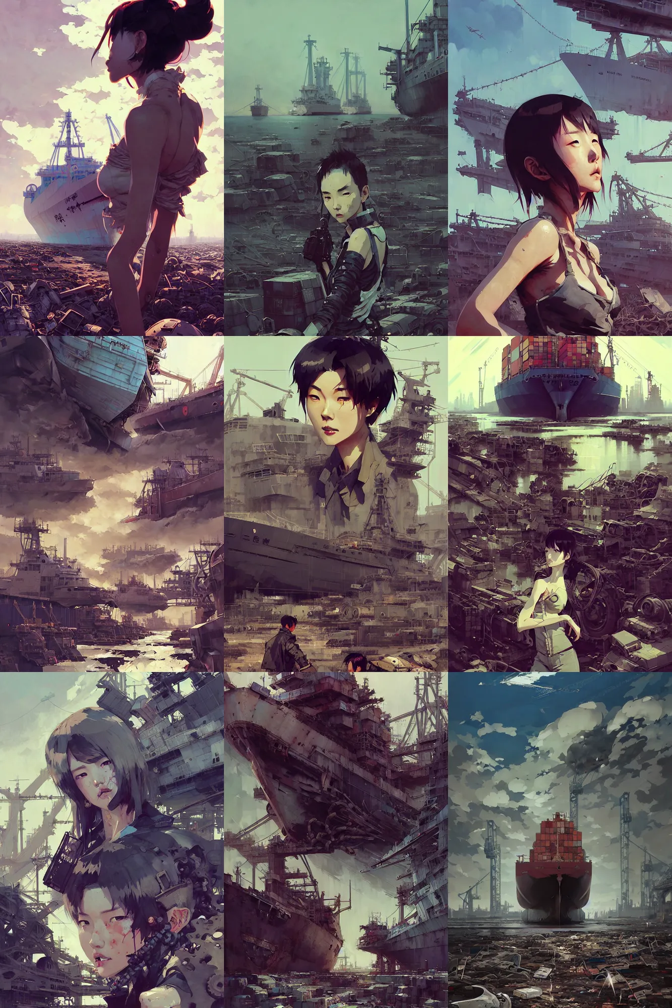 Prompt: hyper - realistic portrait of cargo ship graveyard, extreme detail, in style of pan ren wei, ilya kuvshinov, yoji shinkawa, atey ghailan, krenz cushart, by greg rutkowski, by greg tocchini, by james gilleard, by joe fenton, by kaethe butcher, grunge aesthetic