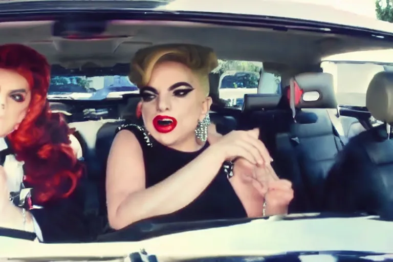 Image similar to lady gaga and judy garland doing carpool karaoke, lady gaga and judy garland, carpool karaoke, lady gaga, judy garland, carpool karaoke, youtube video screenshot, the late late show with james corden, higly realistic, high resolution, dashcam