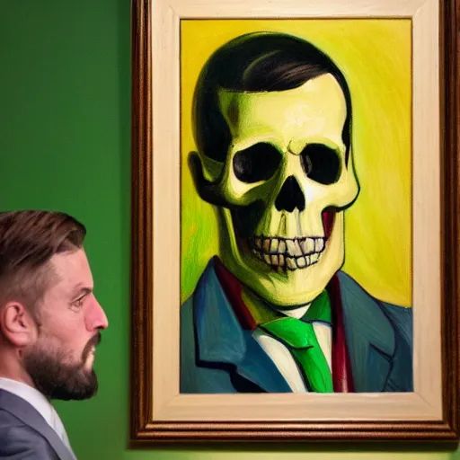 Image similar to a portrait painting of a man with a skull as his head, man is wearing a suit, the skull is green, in the style of edward hopper, 4 k,