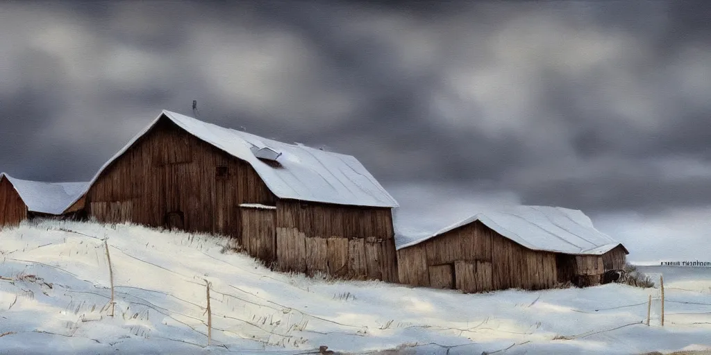 Prompt: a barn in the morning sun, ominous sky, winter, snow, countryside, peter sculthorpe, painting, artstation