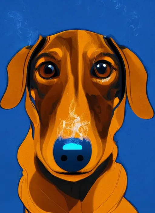 Image similar to a painting of a dachshund face with blue and yellow smoke coming out of, a digital painting by petros afshar, behance contest winner, digital art, behance hd, digital illustration, digital painting