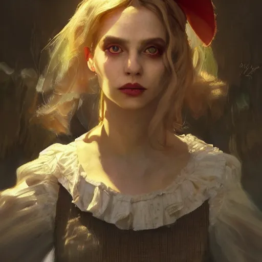 Image similar to closeup portrait of alice in wonderland, dramatic lighting, city background, chiaroscuro, high detail, painted by greg rutkowski, painted by igor kieryluk, painted by bobby chiu, trending on artstation