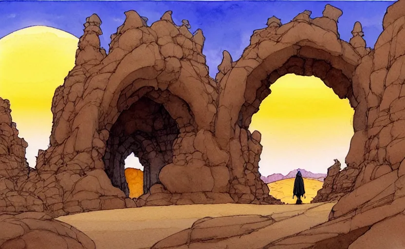 Image similar to a hyperrealist watercolour concept art of a desert day. through a large rock arch is a time portal to an orange sunset sky. a medieval monk in grey robes is walking through the rock arch. by rebecca guay, michael kaluta, charles vess and jean moebius giraud. high detail, hq, wide shot