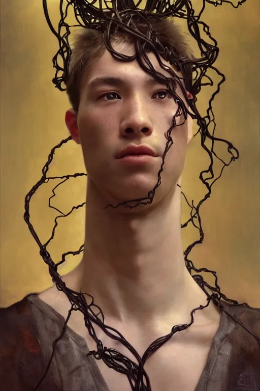 Image similar to hyperrealist portrait of elijah zu bailey, it is decorated with long wires that fall like vines and wears small computers over their body. by jeremy mann and alphonse mucha, fantasy art, photo realistic, dynamic lighting, artstation, poster, volumetric lighting, very detailed faces, 4 k, award winning