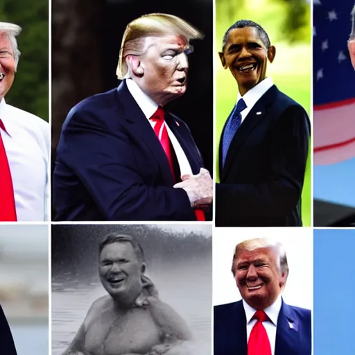 Prompt: putin, trump, obama and bush are swimming while having a water fight and smiling