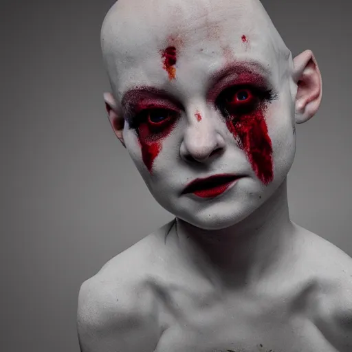 Image similar to pale bald mannequin with crazed, bloodshot eyes without a mouth, photorealistic photography, 8k quality, 8k, dark photography, horror, close-up imagery, macro photography, close-up imagery, macro photography