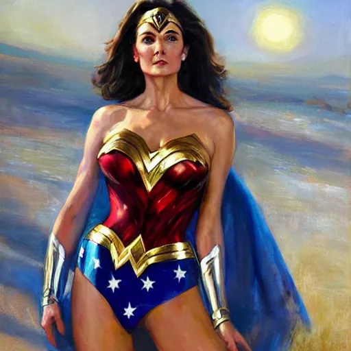 Image similar to portrait of Lynda Carter as Wonder Woman in the morning sun, Danile Gerhartz, oil painting