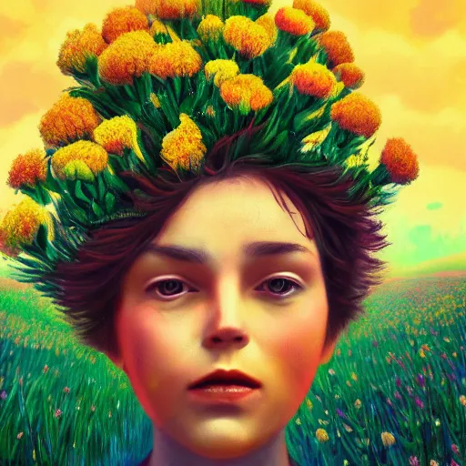 Image similar to giant carnation flower face, girl in a flower field, surreal photography, sunrise dramatic light, impressionist painting, colorful clouds, digital painting, artstation, simon stalenhag, flower face