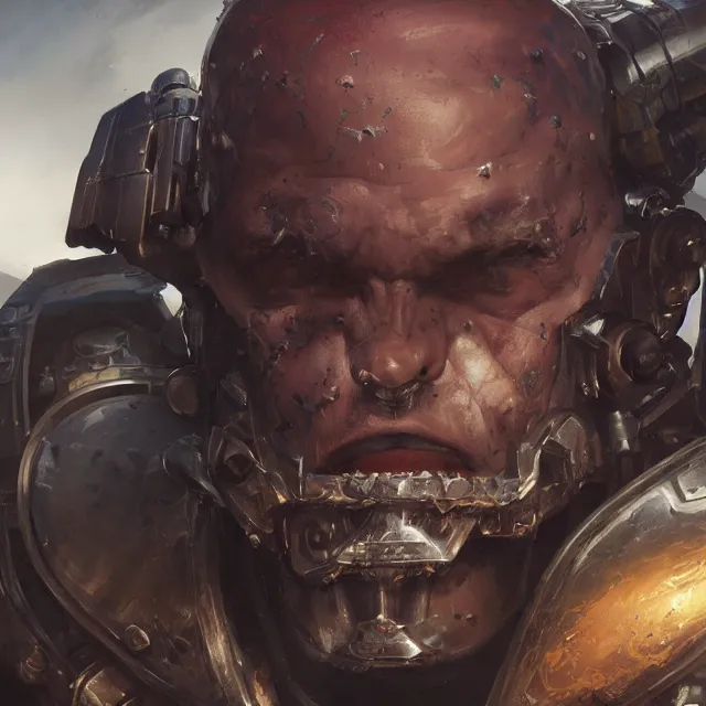 Image similar to hyper realistic portrait of warhammer android machine symmetric cinematic, chaos marine, artstation, cgsociety, full head, greg rutkowski, james gurney, mignola, craig mullins, brom