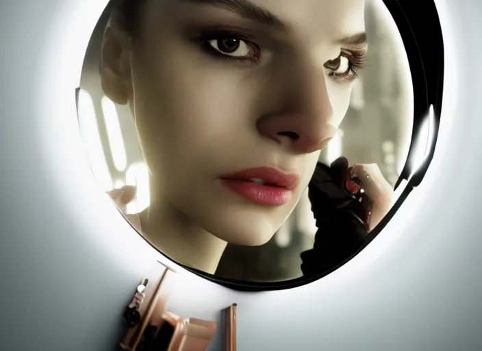 Image similar to octane render photographic portrait by quentin tarantino of a beautiful feminine man wearing black techwear and light makeup looking in a broken bathroom mirror, cramped new york apartment, full shot, retrofuturism cyberpunk cinematic, 8 k, hd, high resolution, ultra realistic faces, intricate detail, trending on artstation, digital painting, clockwork orange