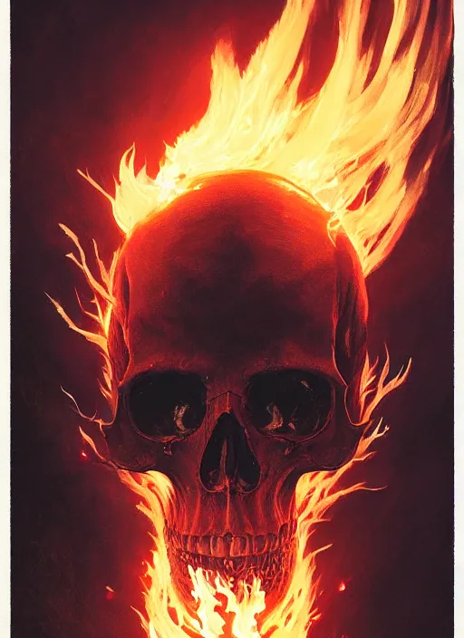 Image similar to A fancy portrait of a Skull on fire by Greg Rutkowski, Sung Choi, Mitchell Mohrhauser, Maciej Kuciara, Johnson Ting, Maxim Verehin, Peter Konig, Bloodborne, 8k photorealistic, cinematic lighting, HD, high details, dramatic, atmospheric , trending on artstation