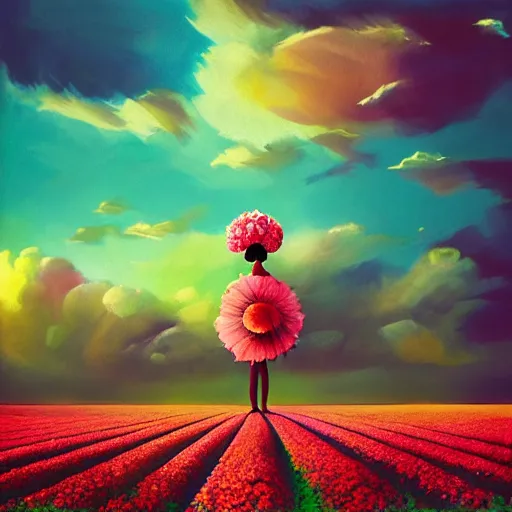 Prompt: giant rose flower head, full body girl standing in a flower field, surreal photography, sunrise, dramatic light, impressionist painting, colorful clouds, digital painting, artstation, simon stalenhag