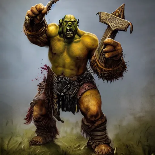 Prompt: warcraft orc, standing on body, victorious, yelling, axe, battlefield, digital artwork, hugh quality