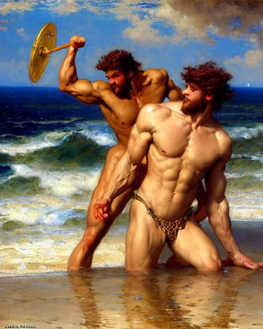 Image similar to muscular god neptune and muscular poseidon frolicking on the shore, painting by gaston bussiere, craig mullins, j. c. leyendecker,