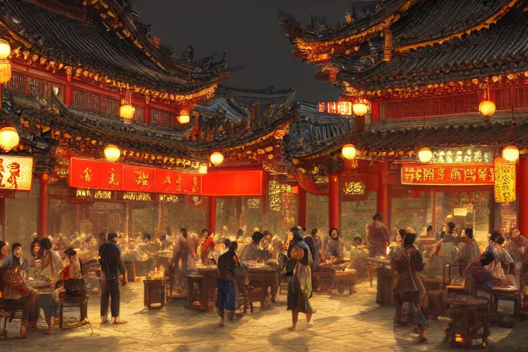 Image similar to fantasy art of a bustling tavern in china, at night, by fenghua zhong, highly detailed digital art, trending on artstation