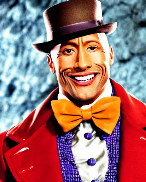 Image similar to Film still close-up shot of Dwayne Johnson as Willy Wonka from the movie Willy Wonka & The Chocolate Factory. Photographic, photography