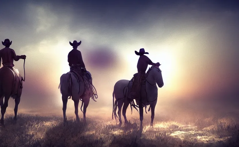 Image similar to cowboy dream, two suns, gloomy, fog, elaborate, detailed digital art, trending in artstation, purple color lighting