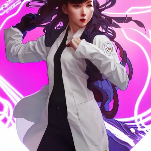 Image similar to a full body character design by artgerm, cushart krenz, ross tran, alphonse mucha. cute mad scientist girl lab coat futuristic shoulder cannon bazooka!! bold outline sharp edges. ultra clear detailed. 8 k. elegant, neon colors, dynamic angle, intricate complexity, epic composition, action pose, cinematic lighting masterpiece