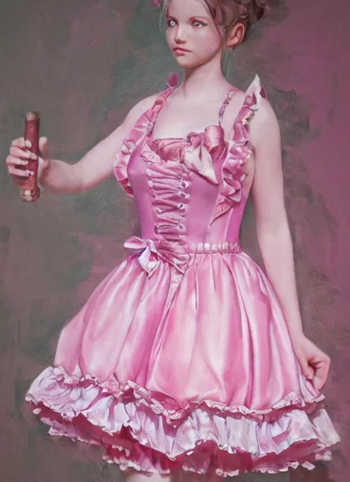 Image similar to oil painting, costume design, pink rose lolita dress, 3 d, render by maya, hyper realistic