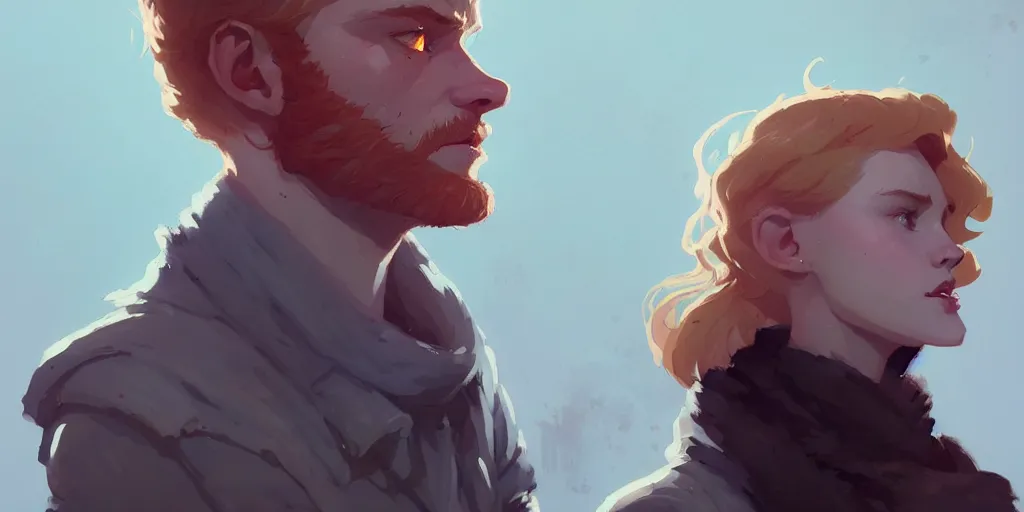 Prompt: portrait of cullen with a beautiful ginger woman he loves by atey ghailan, by greg rutkowski, by greg tocchini, by james gilleard, by joe fenton, by kaethe butcher, dynamic lighting, gradient light blue, brown, blonde cream and white color scheme, grunge aesthetic