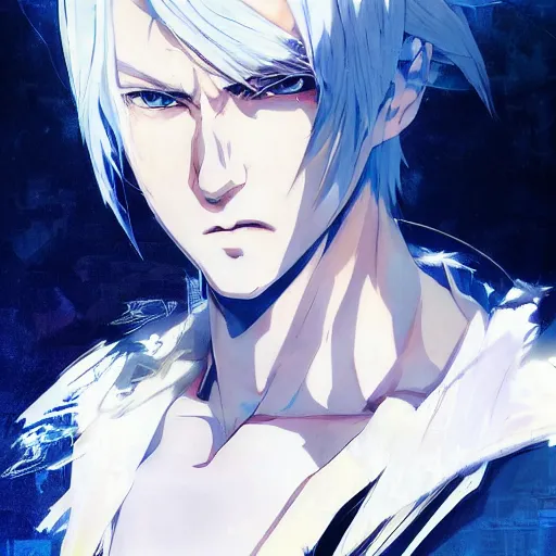 Image similar to anime style portrait of a young man with white hair and blue eyes, dramatic lighting, anime illustration by Greg rutkowski, yoji shinkawa, 4k, digital art, concept art, trending on artstation, アニメ, featured on pixiv