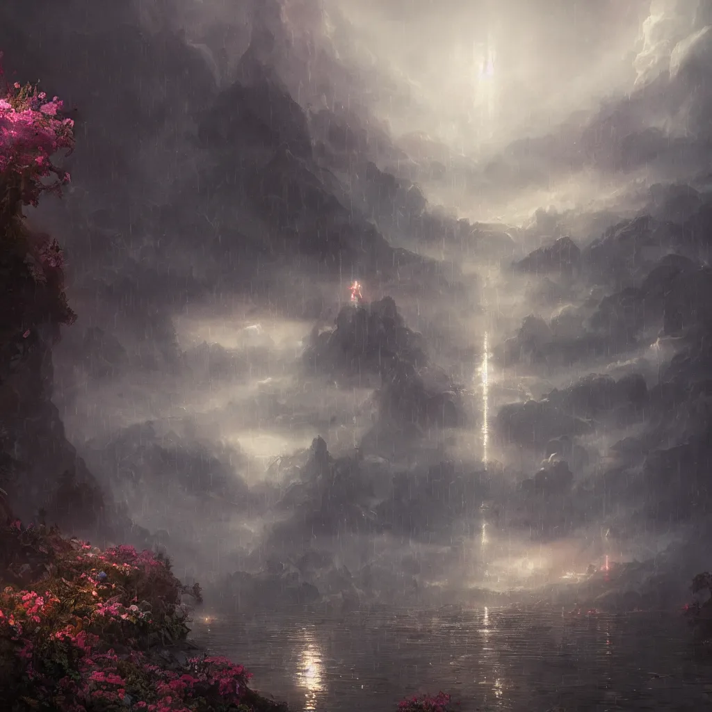 Image similar to ta ha, volumetric lighting, highly detailed, by greg rutkowski, complementing colors, god looking at me, heavy rainy, lofty heavens, water reflection, flowers, hyper realistic, concept art, 8 k detail post - processing, cyberpunkstyle