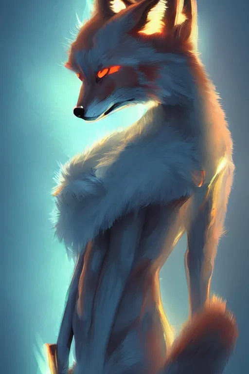 Image similar to a fox fursona, trending on artstation, by kawacy, furry art, digital art, cyberpunk, high quality, backlighting