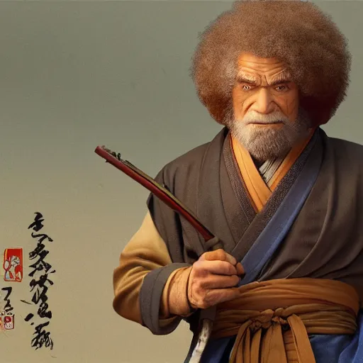 Image similar to an ultra detailed matte painting of bob ross smoking a pipe and dressed as a wandering ronin samurai, edo japan, concept art by jeong seon and alphonse mucha and greg rutkowski, octane render, 8 k, detailed face