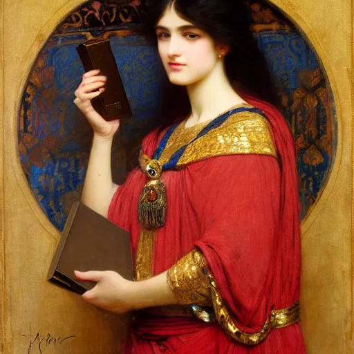 Image similar to orientalist portrait of a princess holding an iridescent eldritch tome intricate portrait by john william waterhouse Edwin Longsden Long and Theodore Ralli and Henryk Siemiradzki, very coherent symmetrical artwork. Cinematic, hyper realism, high detail 8k