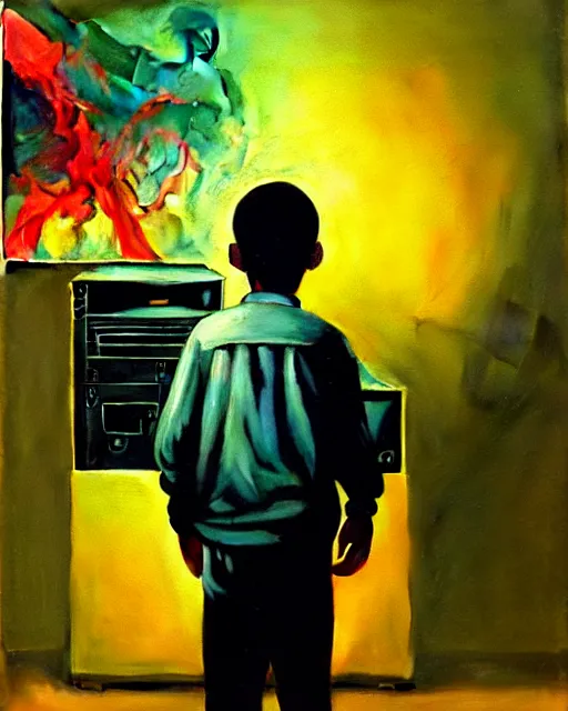 Image similar to an 8 years old enlightened and scared boy standing in front of an old computer with a game doom2 at the monitor screen painted by Adrian Ghenie, by Gerhard Richter. still from a 2021 movie by James Cameron. expressive acrylic oil flowing smudged painting