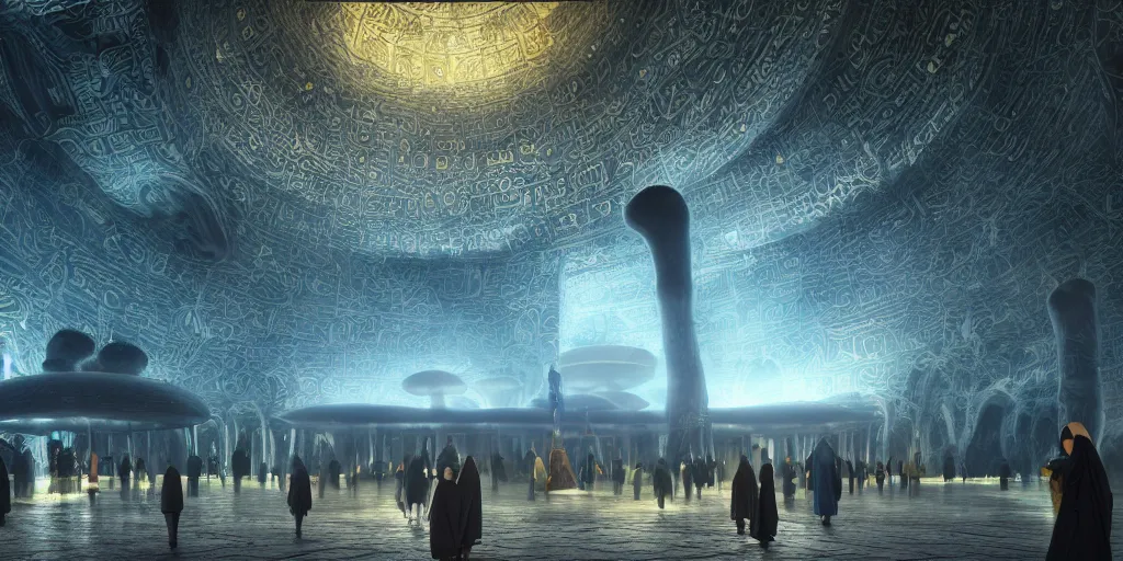 Image similar to Photorealistic exterior of Istiqlal mosque bulit in giant glowing mushroom underworld dark cave, people and androids wearing traditional japanese clothing. photorealism, UHD, amazing depth, glowing, golden ratio, 3D octane cycle unreal engine 5, volumetric lighting, cinematic lighting, cgstation artstation concept art