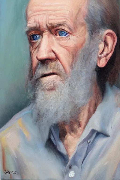 Prompt: portrait of george carlin, oil painting by wilson mclean, sharp focus, masterpiece, highly detailed