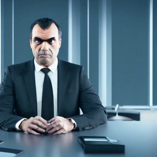 Prompt: Evil CEO in a dark suit, sitting behind a desk in an office building, medium shot, style of GTA V, octane render