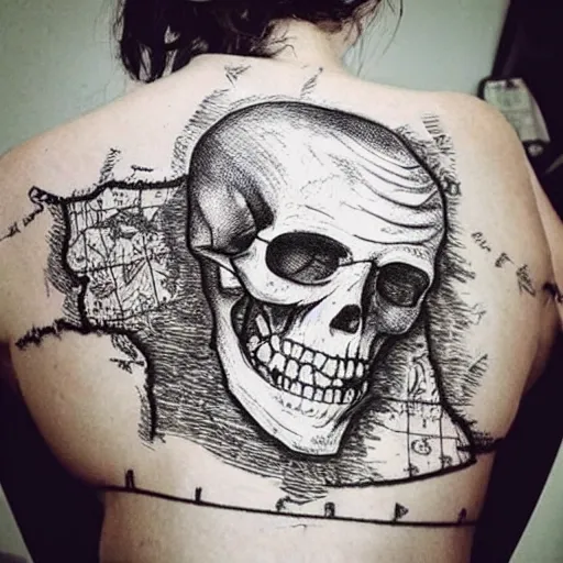 Image similar to a pirate map drawn on a human skull