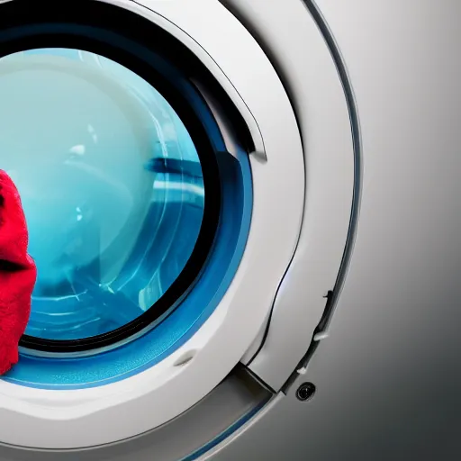 Image similar to photograph of the circular door of a washing machine washing colorful clothes and a very small astronaut. 8k resolution. hyperrealistic.