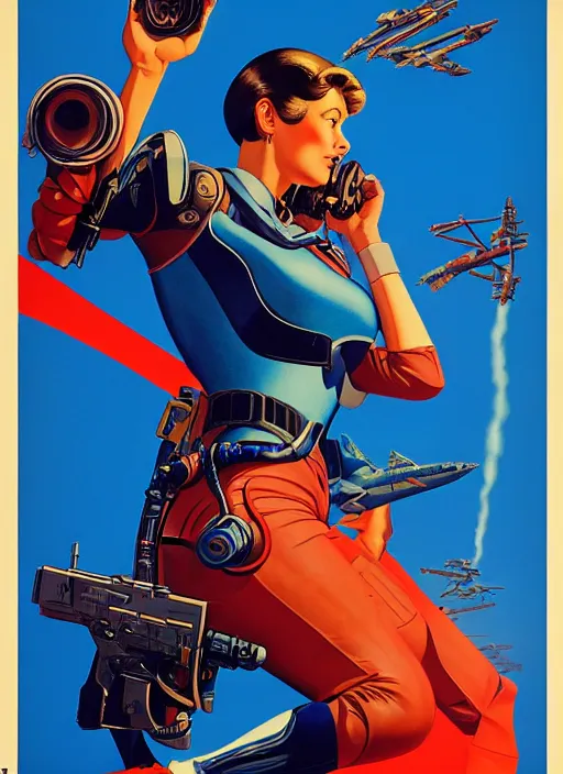 Image similar to american propaganda poster art. powerful cyberpunk pilot. portrait by jean giraud and anton otto fischer and john philip falter and will eisner and gil elvgren and pixar. full body. realistic proportions. science fiction d & d. overwatch, rb 6 s, cyberpunk 2 0 7 7, blade runner 2 0 4 9. cel shading. thick lines.