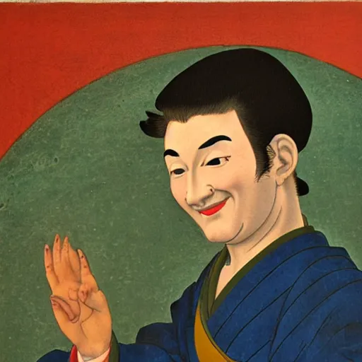 Prompt: portrait painting of happy Michelangelo di Lodovico in the style of ukiyoe