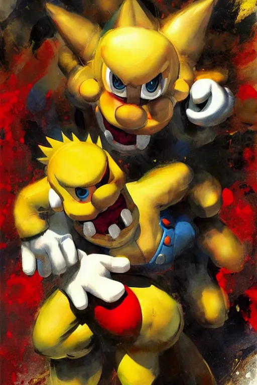 Prompt: abstract figurative rendition of super mario fighting bowser by'phil hale '!!! exaggerated lanky proportions, motion lines,'action lines '!!! graphic style, visible brush strokes, ( ( messy ) ) blurry