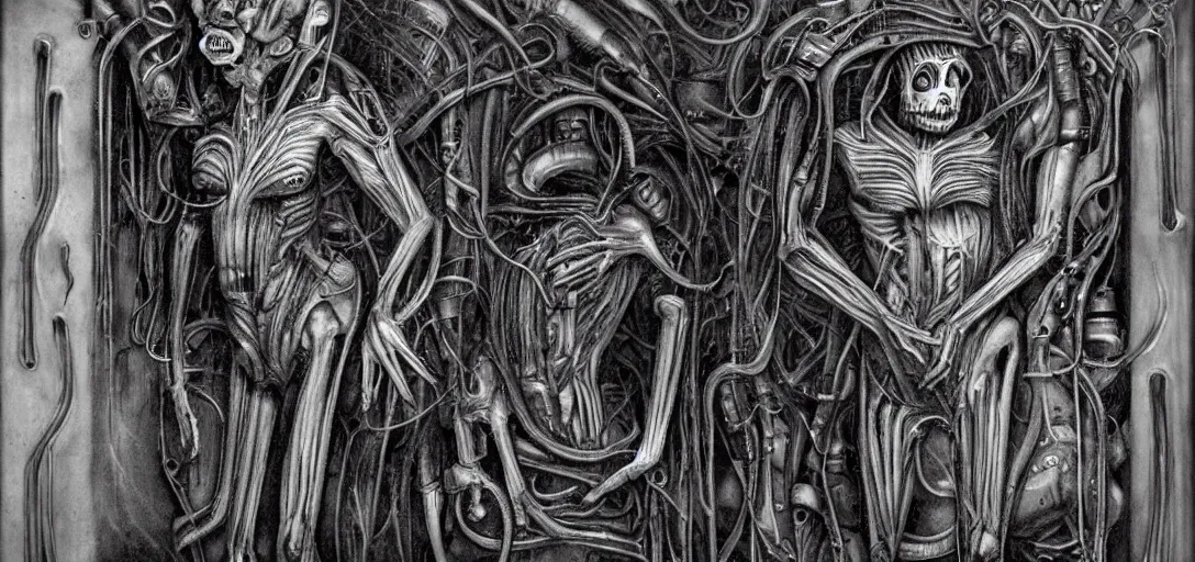 Image similar to a humanoid figure embedded into a machine in the style of hr giger, dark, body horror, human bodies, scary, disturbing, weird