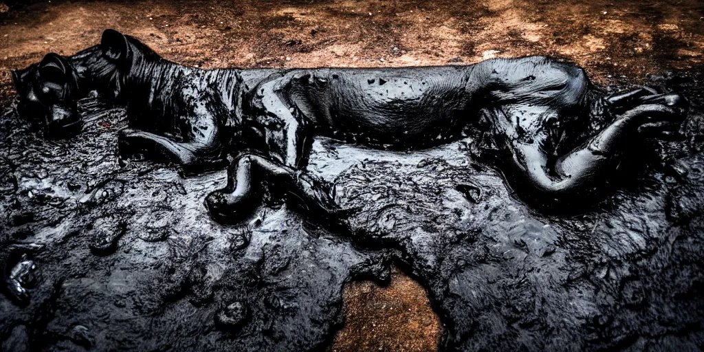 Image similar to the black lioness made of tar, laying on their back, dripping tar, drooling goo, covered in slime, sticky black goo, bathing in the pit filled with tar, dripping goo, sticky black goo. photography, dslr, reflections, black goo, rim lighting, cinematic light, tar pit, chromatic, saturated, slime