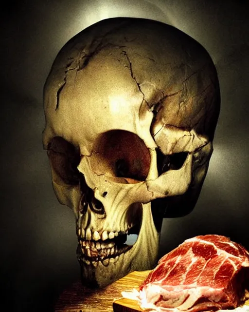 Prompt: an angel with a skull made of meat for the head, megalophobia, dramatic lighting, cinematic, organic painting, dark, bold shapes, by caravaggio, dramatic lighting, horror, blood, god rays, angelical